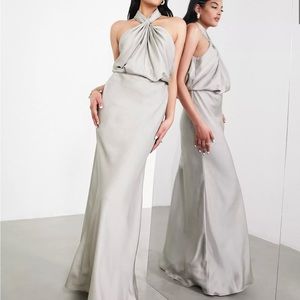 ASOS EDITION satin ruched halter neck maxi bridesmaid dress in sage green